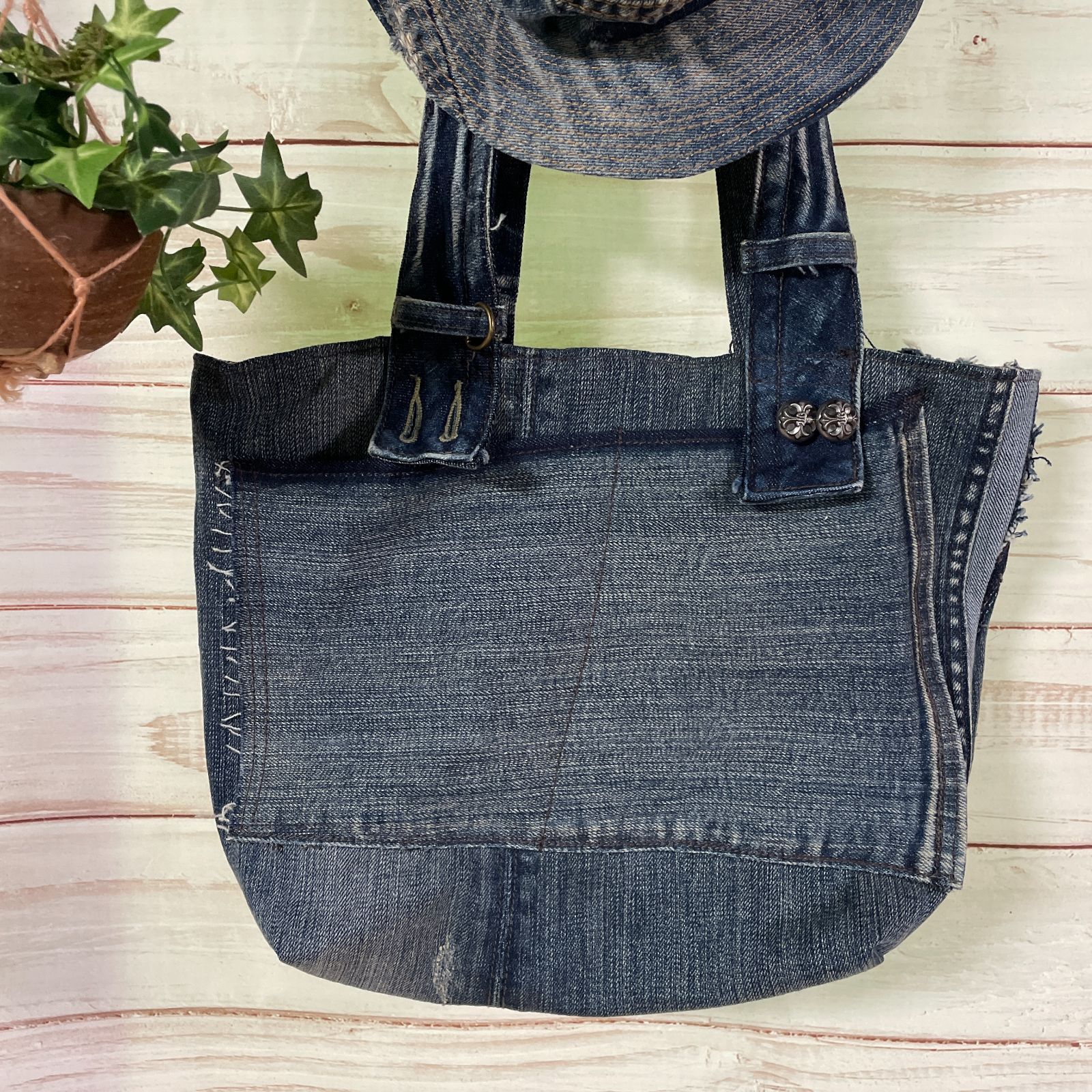 ジーンズリメイクデニムトートバッグ スカルクラウンbag-0021