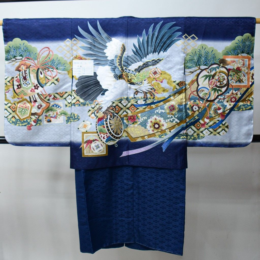 七五三 五歳 男児 羽織 着物 襦袢3点セット L寸 金刺繍 豪華絢爛 綸子地 濃紺地 鷹 5歳 五才 5才 お仕立て無料 NO34248-2