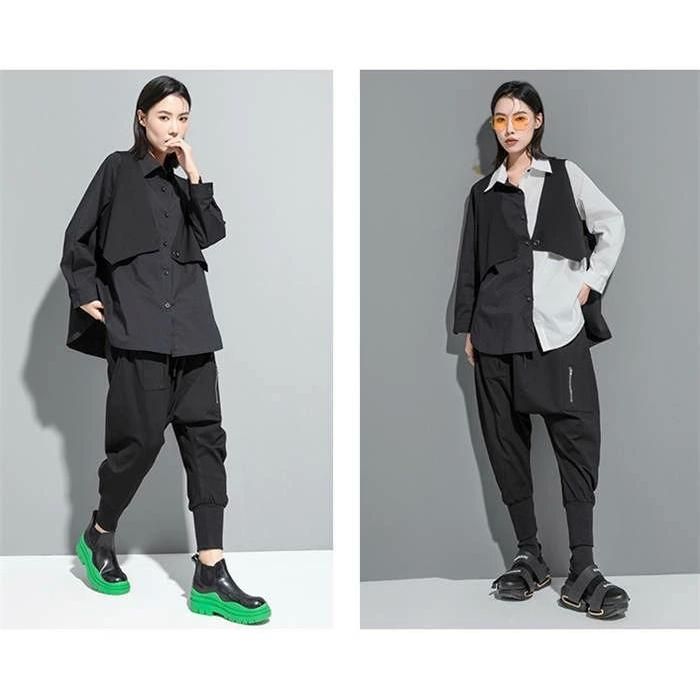 赤字覚悟!フェイクレイヤード シャツ レディース 配色 トップス ロングシャツ 春 秋 冬 デザイン 長袖 アシンメトリー 無地 個性的 ファッション ゆったり フェイクレイヤード シャツ レディース 配色 トップス ロング
