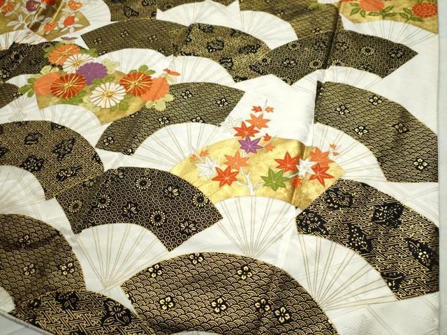 平和屋着物○豪華振袖 駒刺繍 扇面吉祥草花文 金彩 正絹 逸品