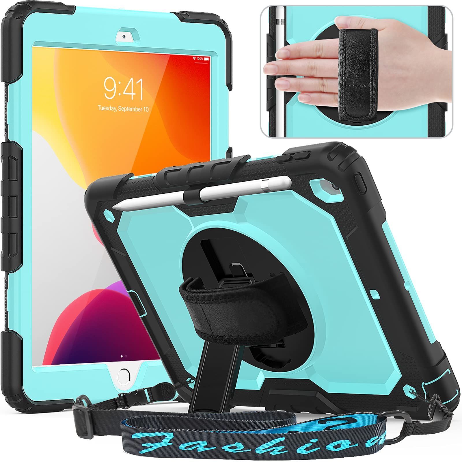 Timecity iPad 10.2 ケース (iPad 第9世代/ 第8世代/ 第7世代 ケース 2021/ 2020/ 2019型) 保護フィルム内蔵 360度回転の折り畳スタンド ハンド＆ショルダーベルト ペン収納付き 頑丈 耐衝撃 現場 仕