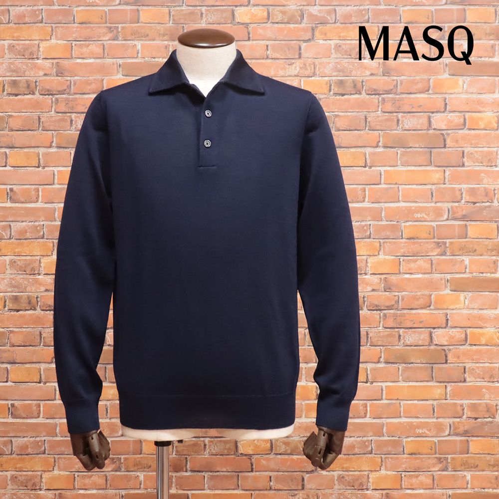 25AW|MASQ|50サイズ|ニットポロシャツ M5625-6685 イタリア製 長袖 ワイドカラー メリノウール シンプル 上品 メンズ 紳士 マスク |紺|ネイビー|mc386|
