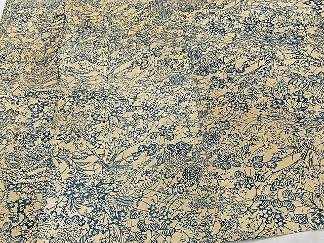 平和屋着物▽上質な小紋　単衣　藍　型染め　草花陶器文　正絹　逸品　AAAZ1441fy 平和屋着物▽上質な小紋 単衣 藍 型染め 草花陶器文 正絹