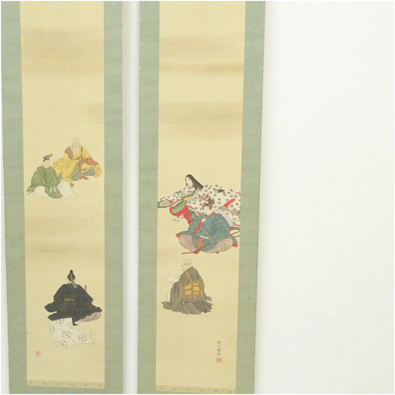 歌川国峰筆 六歌仙 双幅 肉筆絹本掛軸 保護箱 掛け軸 床の間 書 おしゃれ 絵画 表具 芸術 茶道 年中掛け インテリア 茶掛 掛物 和室