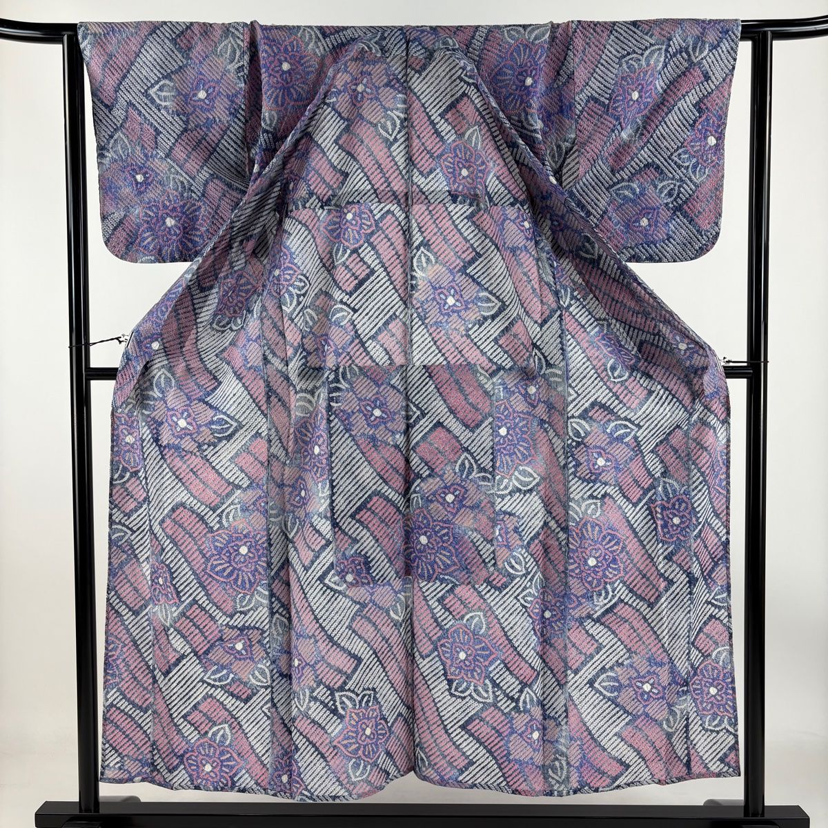 浴衣 身丈154cm 裄丈63.5cm S 絞り浴衣 草花 紫 綿 美品 名品