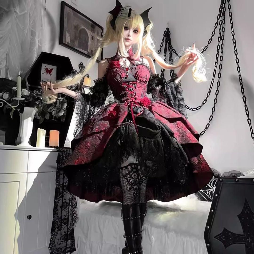 ゴスロリドレス ロリィタ ゴシック風 小悪魔 地雷系 姫袖 レース