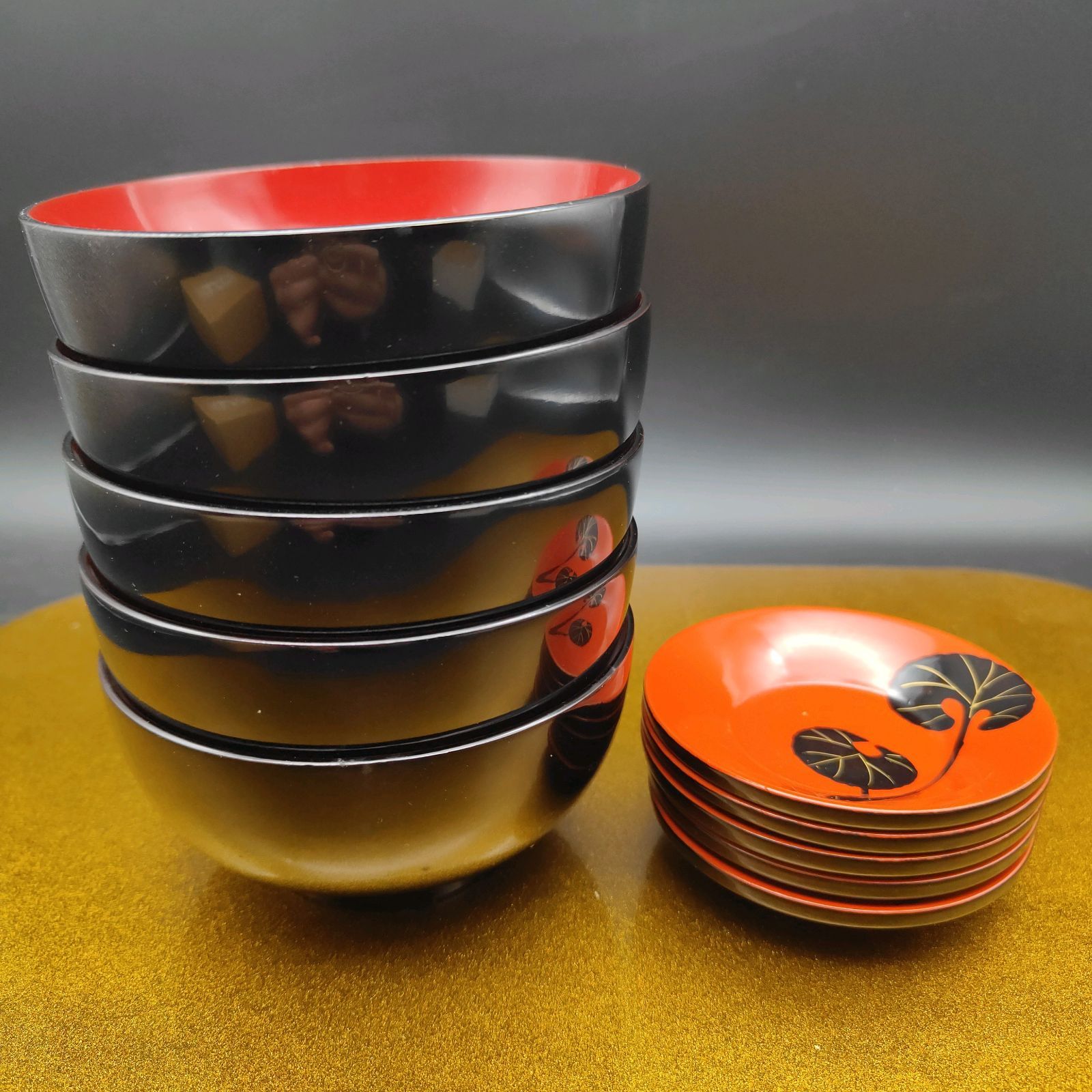 川連漆器 内朱 汁椀5 石蕗文 茶托5 秋田県 伝統工芸品 漆塗り S289