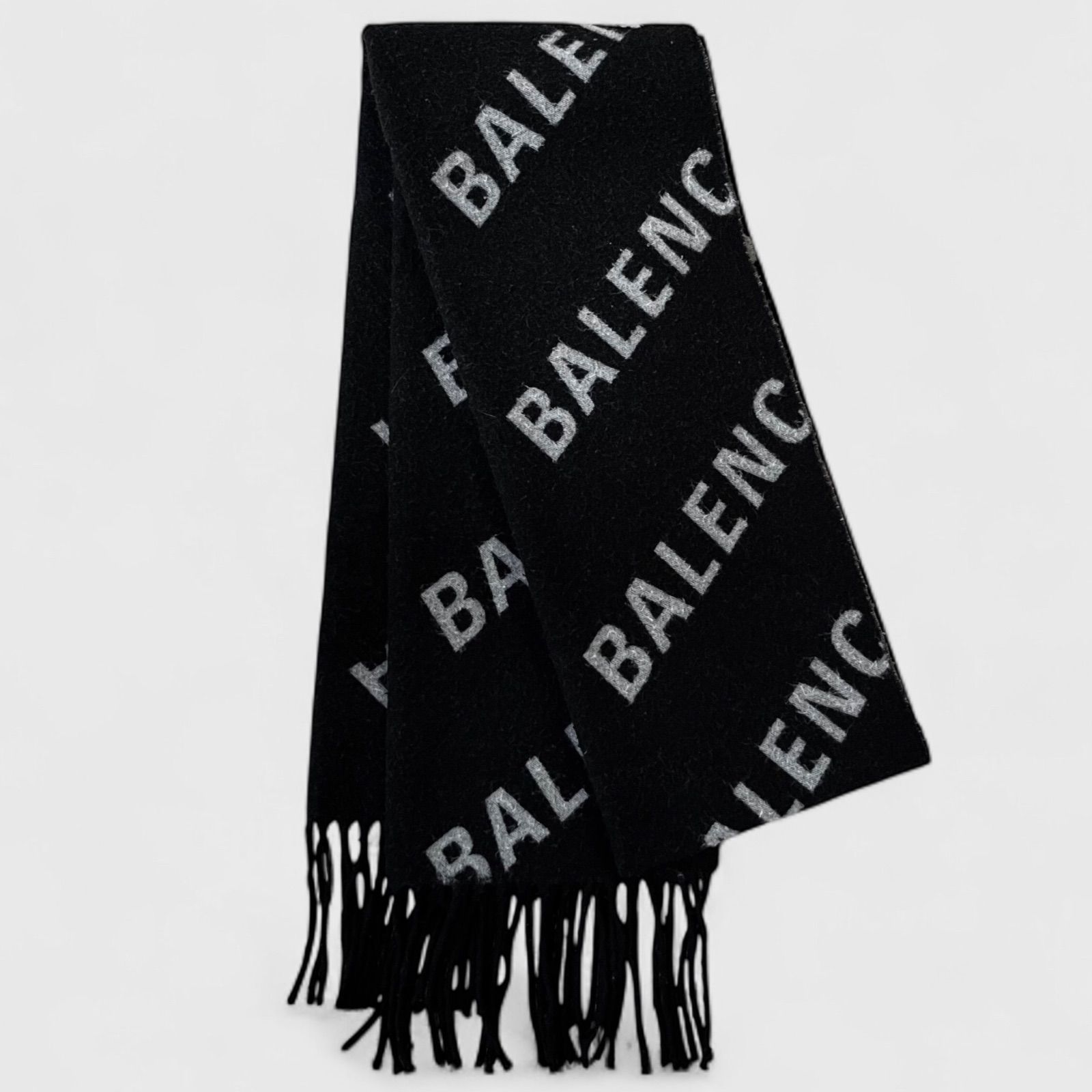 BALENCIAGA バレンシアガ All-Over Logo Wool Scarf 697725 ロゴ ウール マフラー スカーフ ブラック 大判