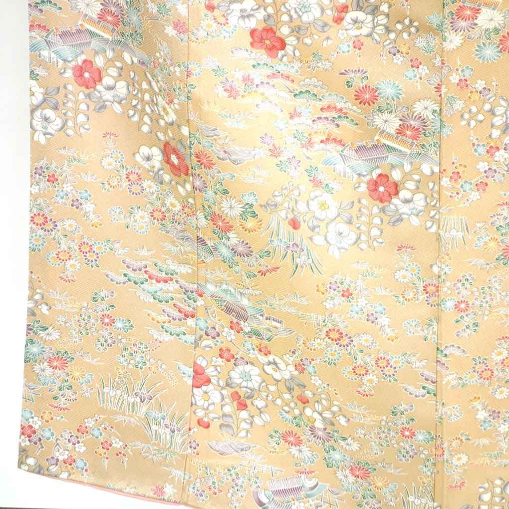 小紋 身丈158cm 裄63cm 前幅22cm 後幅28cm 袖丈56cm 袖幅32.5cm レディース 袷 花柄 裄Mサイズ 秋冬春用 正絹 シルク ブラウン リメイク リユース リサイクル 呉服のきくや