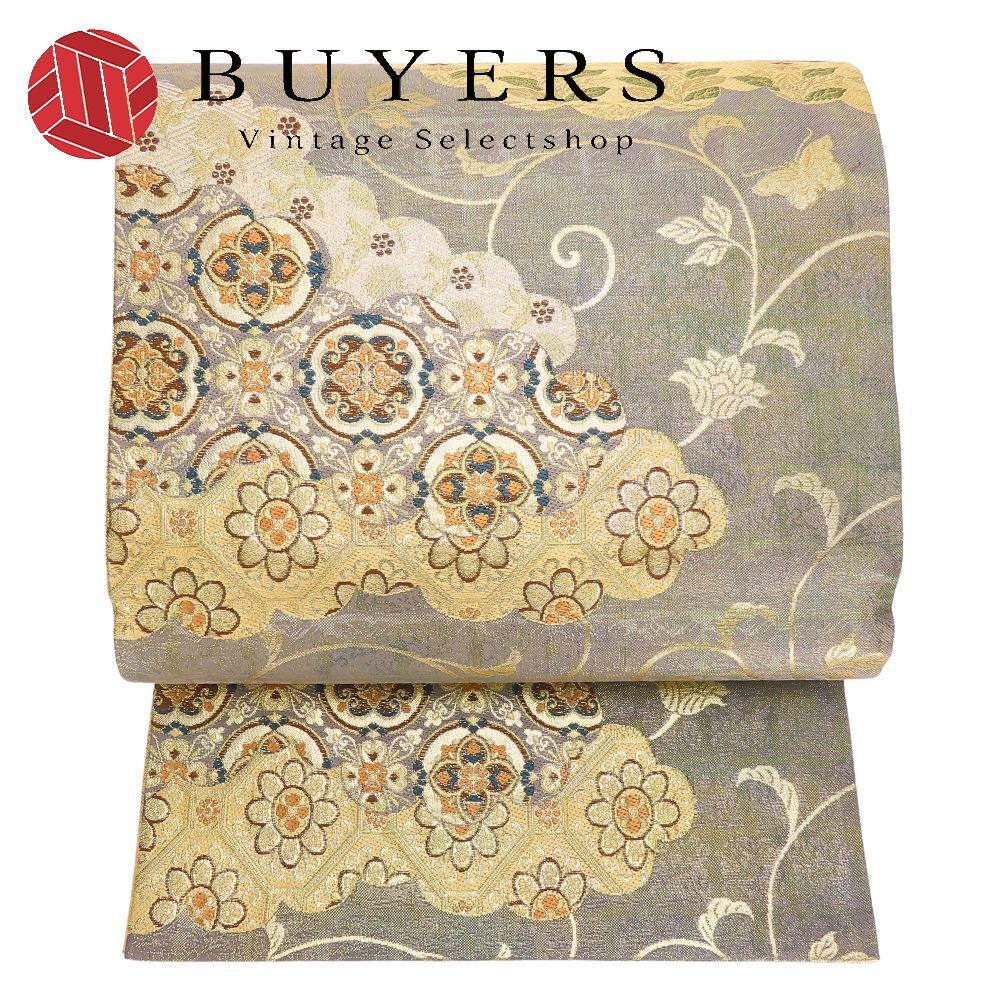 袋帯 正絹 金銀糸除く グレー系 ゴールド 草花柄 フォーマル 和装 呉服 和服 きもの レディース 女性