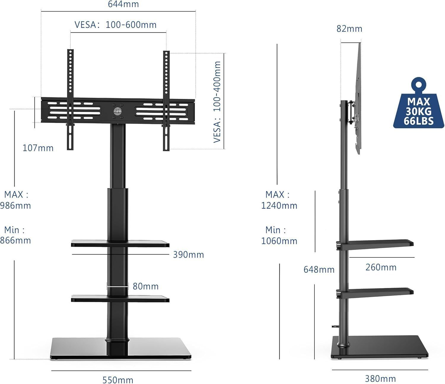 ブラック ラック回転 高さ調節 壁寄せテレビスタンド 2枚棚付き 32～60インチ対応 テレビスタンド FITUEYES
