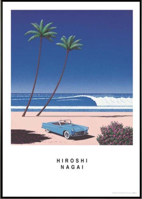 永井博作品 BLUE CAR AND THE BEACH ポスター 軽量アルミ製フィットフレーム付 91.5×61cm