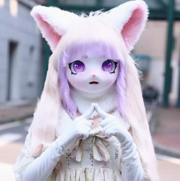 着ぐるみヘッド 猫 口開け クリーム 全頭ヘッド ケモノ マスク