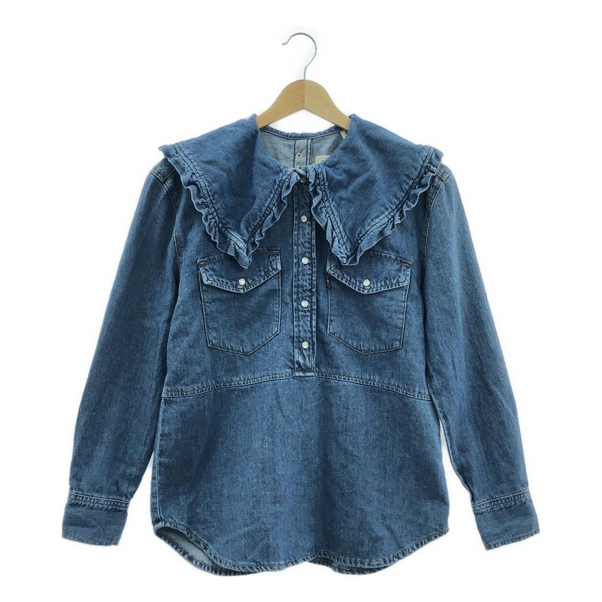 Ganni / ガニー | × Levis デニム ダメージ加工 フリルカラーシャツ | XXS | インディゴ | レディース Ganni / ガニー | × Levis デニム ダメージ加工 フリルカラーシャツ