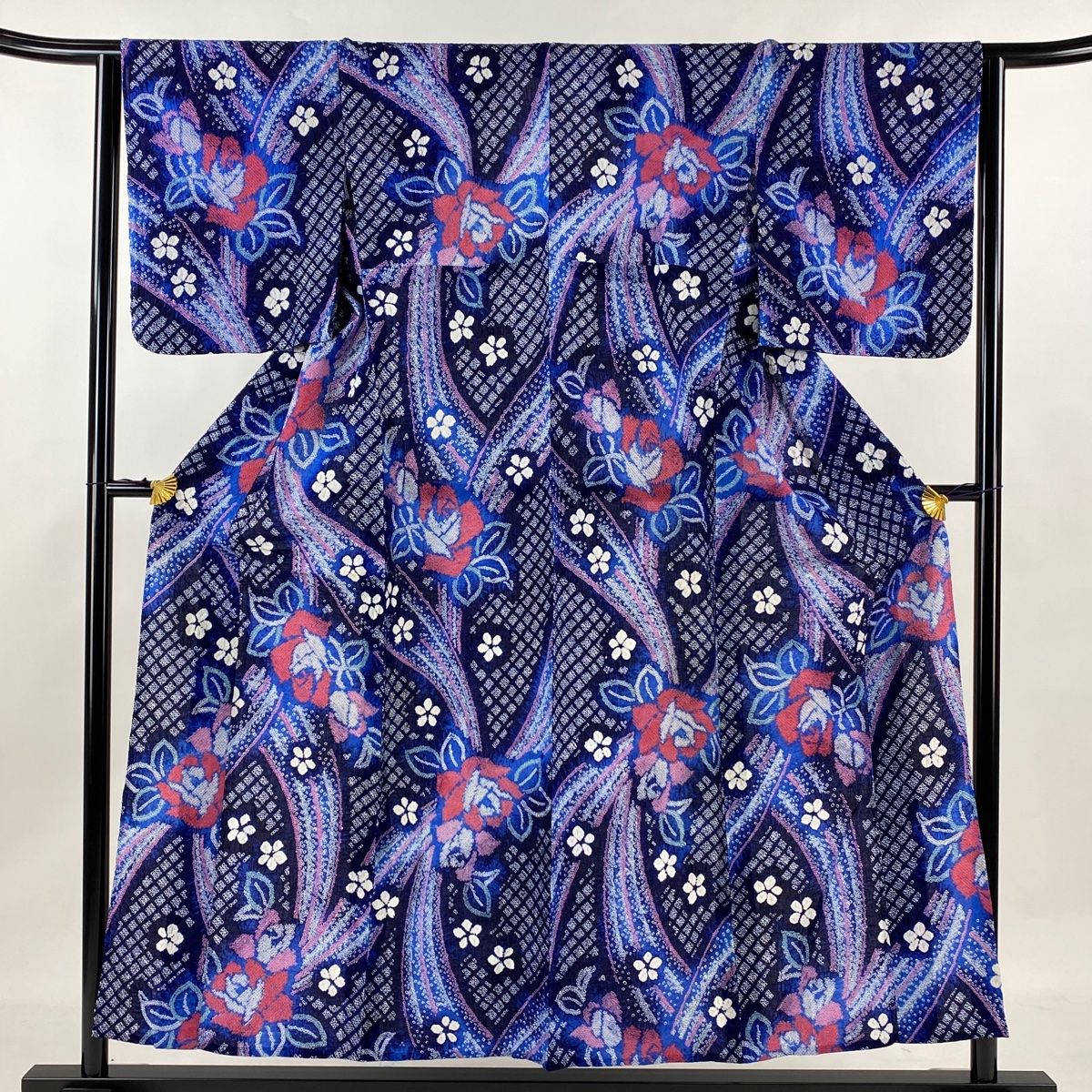 浴衣 身丈153.5cm 裄丈63cm S 絞り浴衣 薔薇 花 濃紺 綿 名品