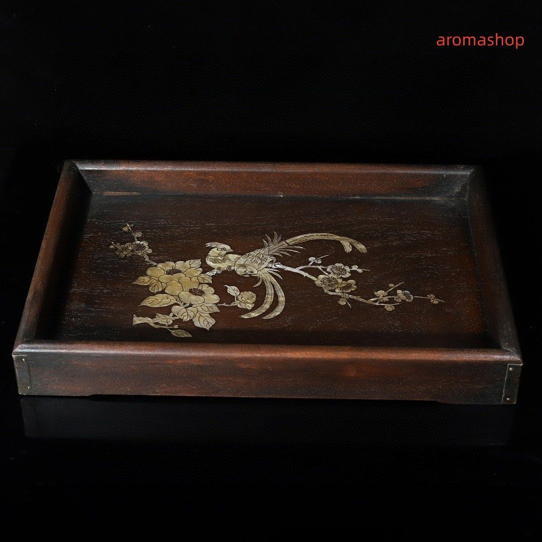 年内で出品終了 送料無料 花梨木 花梨木象嵌貝殼 珍材木彫 茶皿 民具 浮雕嵌貝殼 花鳥茶盤 置物 擺件 中国美術 装飾 賞物 収蔵コレクション 年末感謝