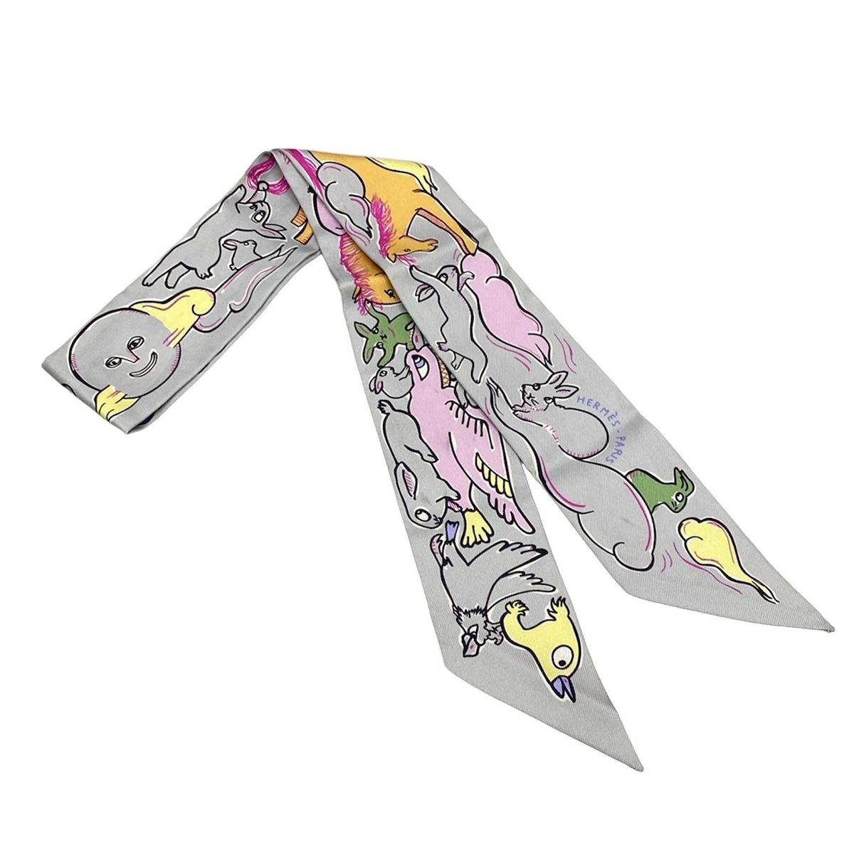 HERMES(エルメス) スカーフ ツイリー グレー×オレンジ×マルチ リボン  