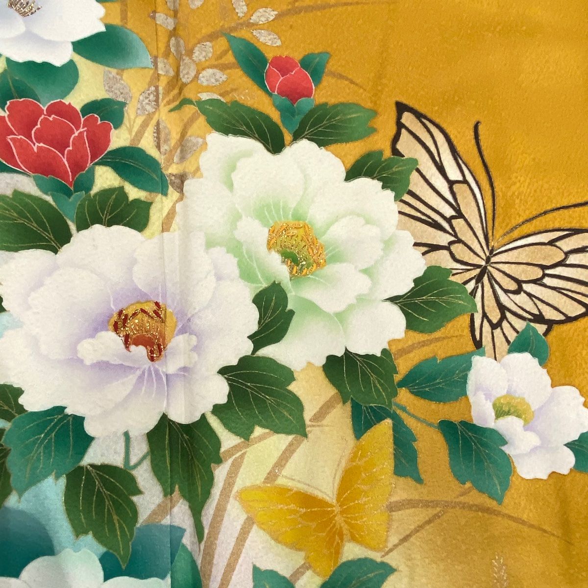 振袖 身丈170cm 裄丈68cm L 袷 牡丹 蝶 箔 金彩 山吹茶色 正絹