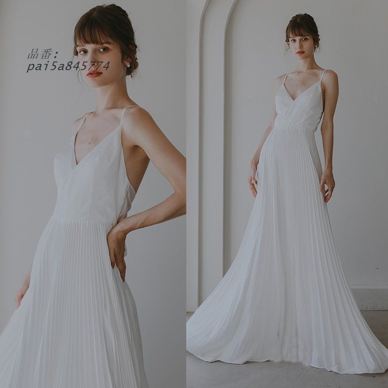 ウェディングドレス ロングドレス スレンダーライン スレンダードレス ノースリーブ プリーツ 花嫁 前撮り 結婚式 ブライダル ウエディングドレス 二次会 pai5a845774