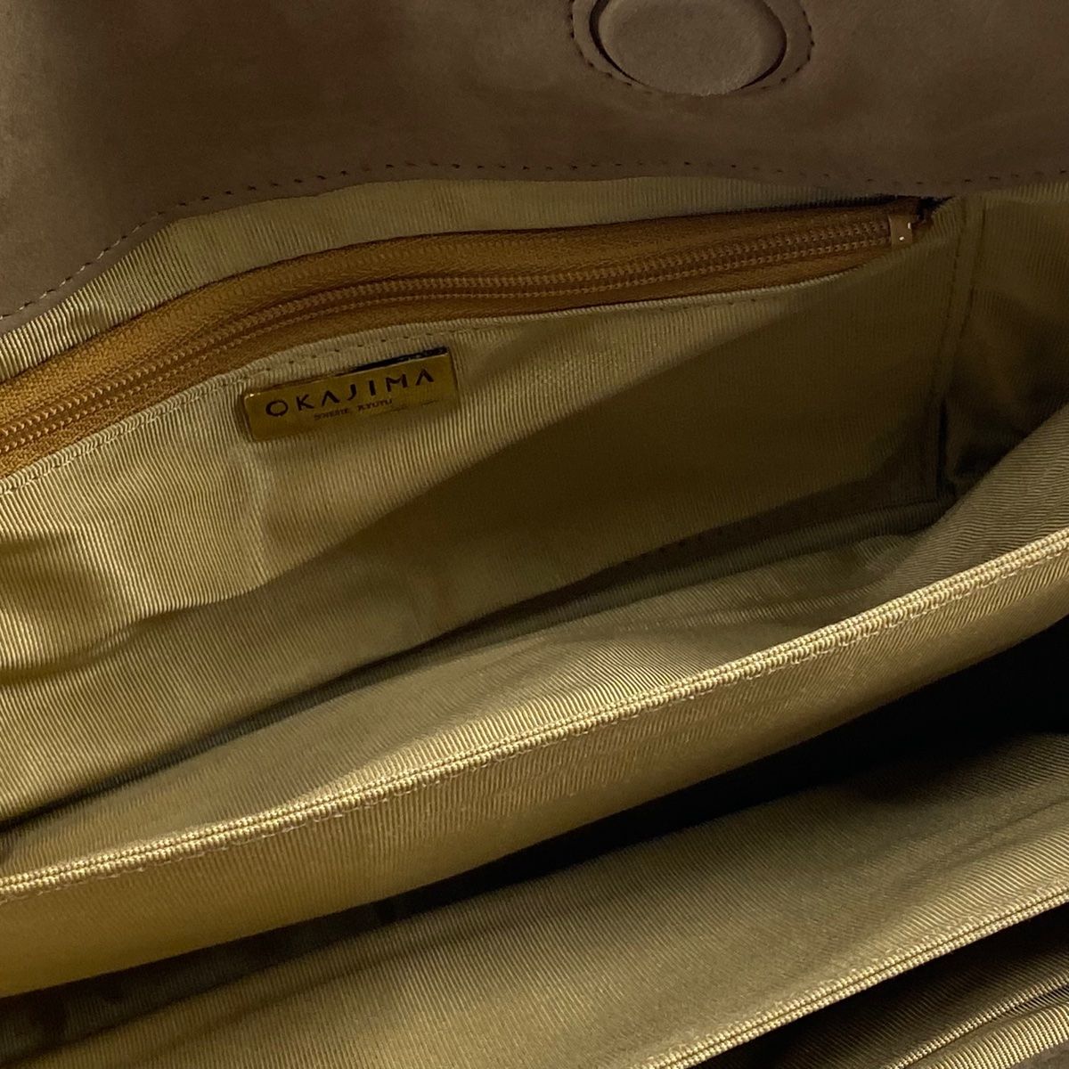 和装バッグ 逸品 OKAJIMA 花唐草 縮緬 金彩 灰緑 正絹 和装小物 【中古