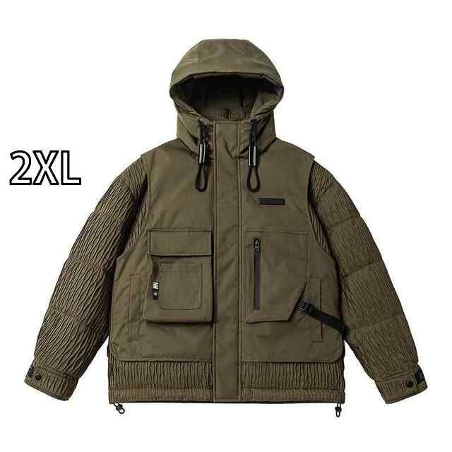 2XL 秋冬 コーデ メンズ 服 シンプル ファッション オシャレ 大人 かっこいい 大きいサイズ ストリート 紳士服 アウトドア ワークウェア フード付き ダウン ジャケット アウター 機能的 ウィンド フェイク ツーピース 暖かい