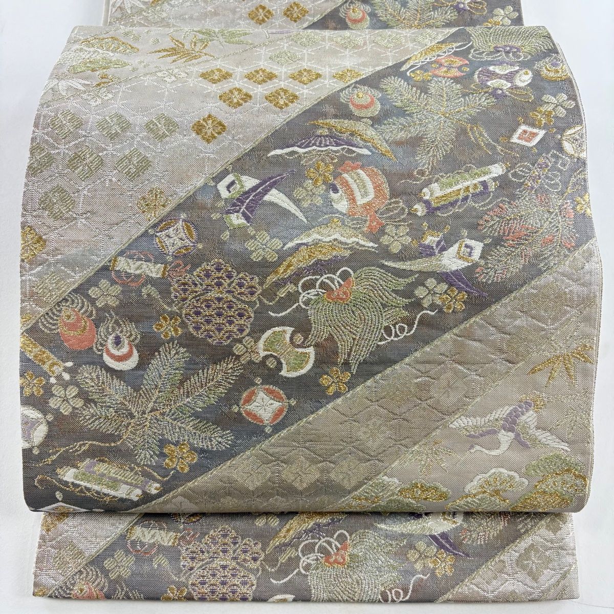袋帯 鬘帯 花々 宝尽くし 花菱亀甲 松竹梅 江戸千代紙 24M205f 袋帯 鬘帯 花々 宝尽くし 花菱亀甲 松竹梅 江戸千代紙 24M205f