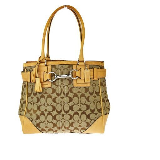 【中古】 コーチ(Coach) シグネチャー 10247 キャンバス，レザー ショルダーバッグ ベージュ 03GA540
