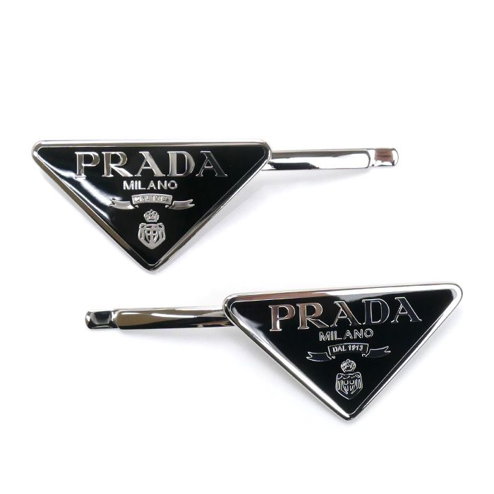 PRADA プラダ 真鍮 スティール トライアングルロゴ 2点セット ヘアアクセサリー ヘアクリップ 1IF051_2BA6_F0002 メタル ヘアピン レディース
