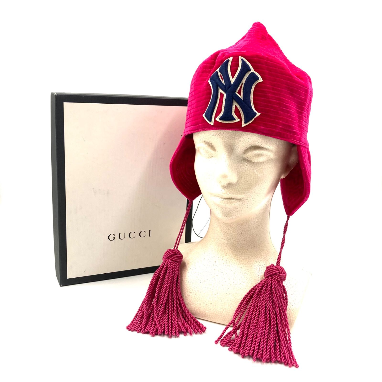 ♥タグ付き 超稀少入手困難 2018年秋冬コレクション GUCCI×New York Yankees グッチ×ニューヨークヤンキース コラボ トラッパーハット ステッチ ロゴパッチ イヤーフラップ サイズM 57cm レッド ユニセックス