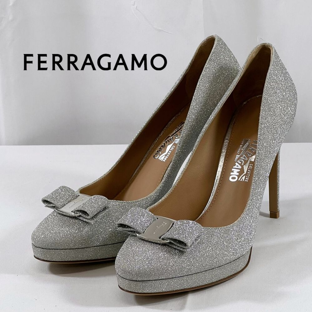 美品❤箱付き☆Ferragamo【フェラガモ】ヒールがおしゃれ♡パンプス グレー サルバトーレフェラガモ フェラガモ ハイヒール ヒール 新品未