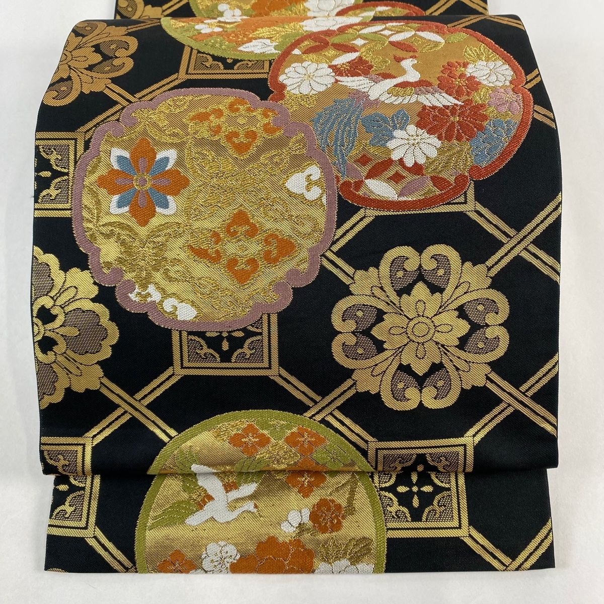 袋帯 美品 名品 川島織物 落款 丸文 華文 金糸 箔 黒 六通 正絹