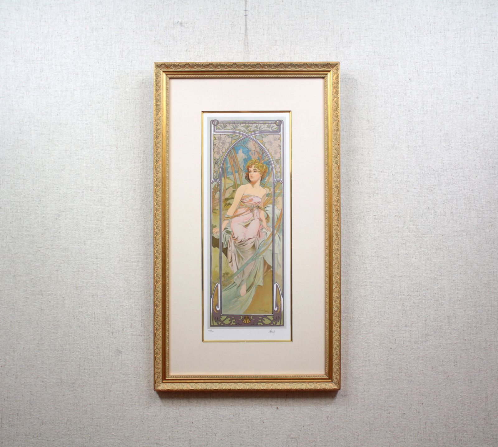得価正規店真作保証 アルフォンス・ミュシャ リトグラフ「四芸術 詩」画36×57cm ミュシャ様式 抽象的な概念を擬人化の手法を使って表現の寓意画 6158 石版画、リトグラフ