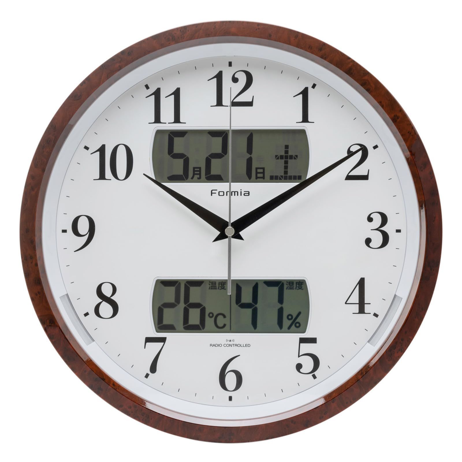 Color 04.ブラウン_Style デジアナ Formia フォルミア 電波 壁掛け時計 木製 温度 湿度 温湿度計 日付 曜日 夜間秒針停止 静音 夜間自動点灯 アナログ 和室 保土ヶ谷電子販売 ブラウン HWC-016W-BR