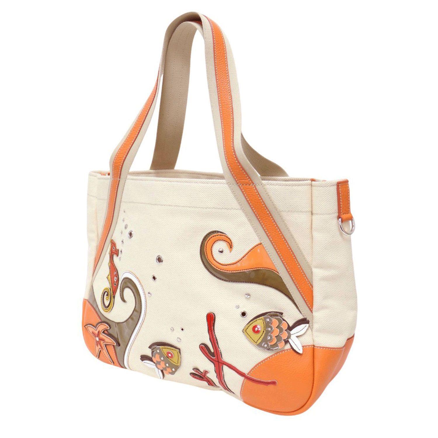 PRADA プラダ バッグ オフホワイト オレンジ系 | キャンバス レザー コンビ トートバッグ BR2971 | 肩掛け ショルダー タツノオトシゴ 魚 モチーフ | イタリア製 | ブランド カバン レディース