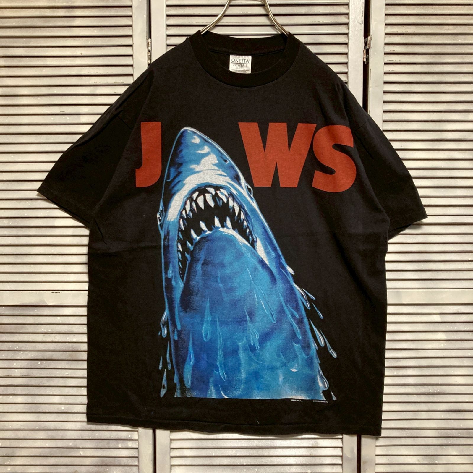 db様フォロー割XL★ONEITA製★93年映画ジョーズ★名作ムービーTシャツ黒 mm] BFSQ ムービー Tシャツ 古着 黒 ジョーズ JOES サメ