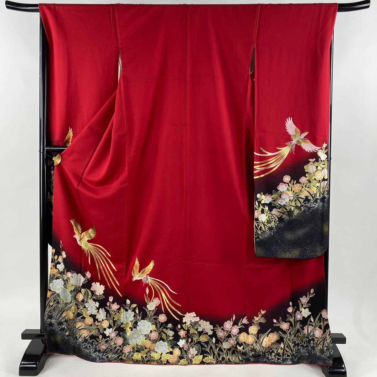 振袖 身丈170cm 裄丈68cm L 袷 尾長鳥 草花 金銀彩 染め分け 赤 正絹 秀品