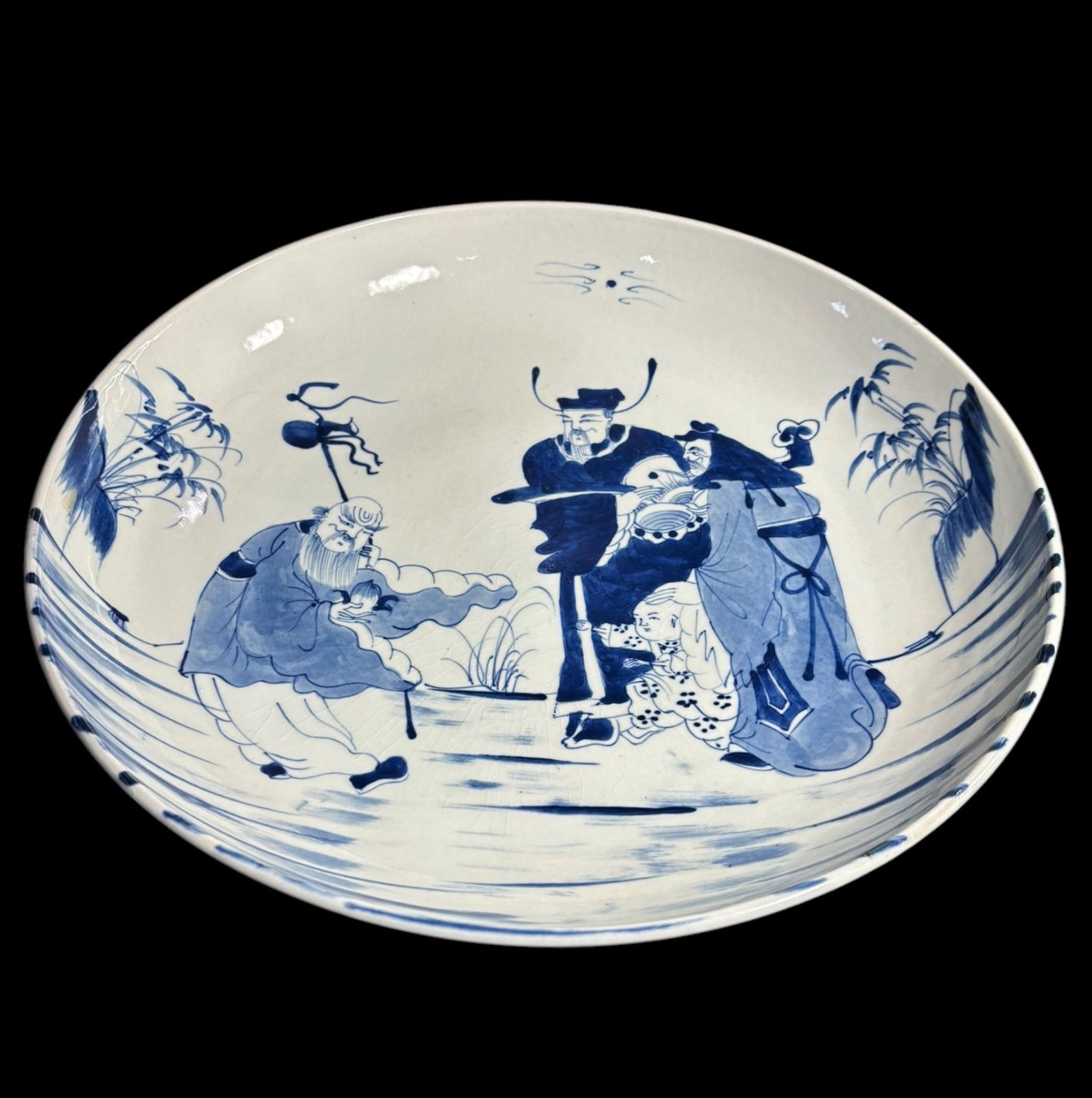 染付 清末【風景人物絵】大皿 丸皿 唐人 明 中国美術 盛り皿