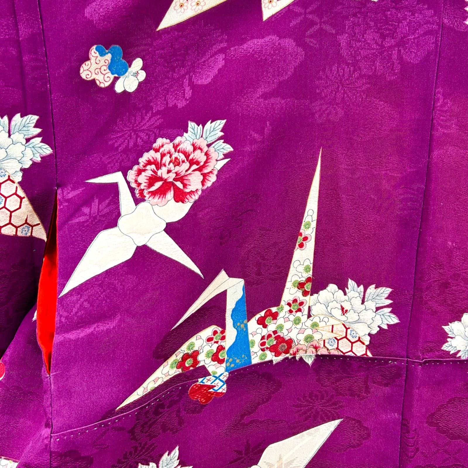 アンティーク着物 袷 小紋 赤紫 折り鶴 花 正絹 やわらかもの