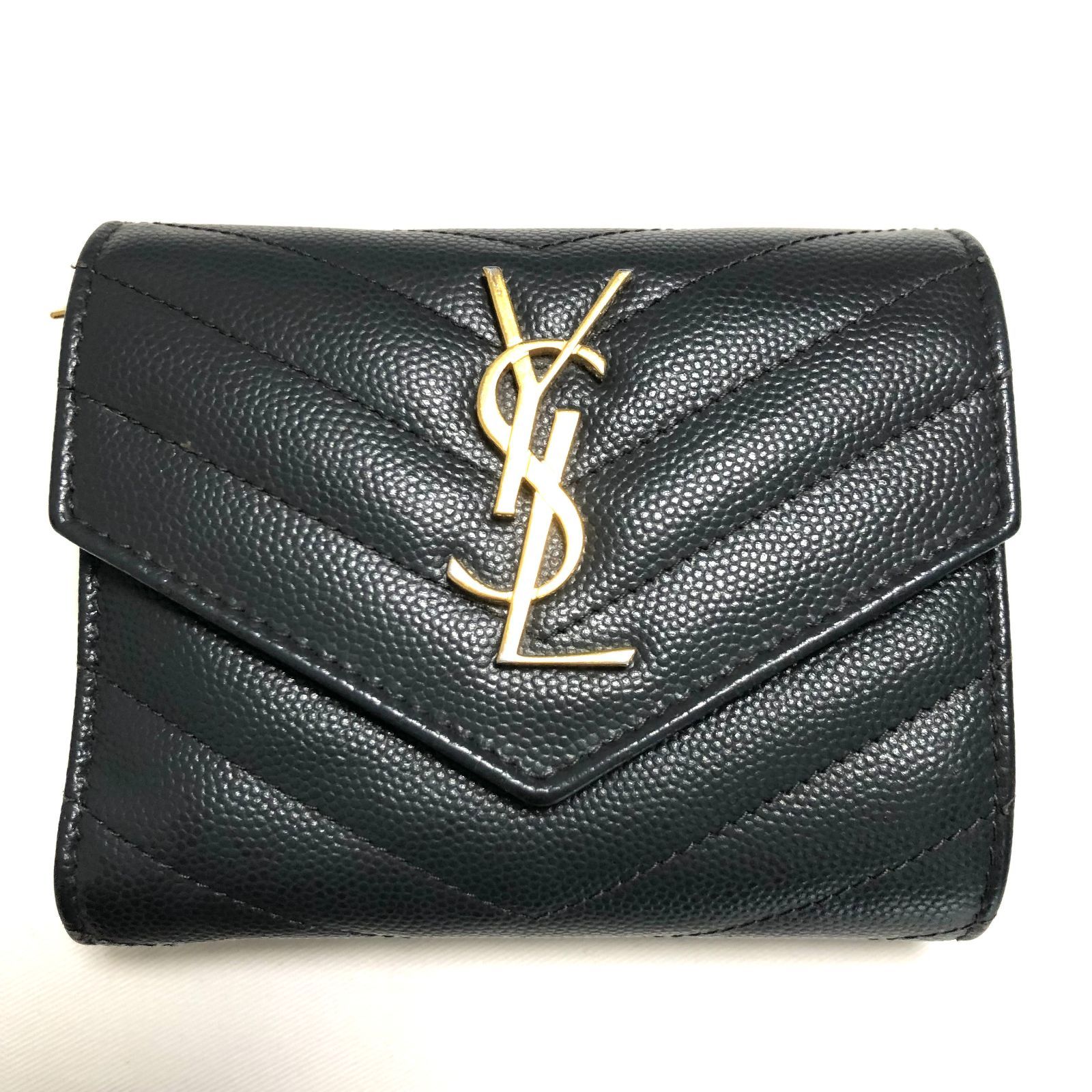 ✨極美品　現行デザイン✨サンローラン　三つ折り　カサンドラ　シボ革　ゴールドロゴ YSL サンローラン サンローラン ロゴ レザー 財布 ブラック カサンドラ