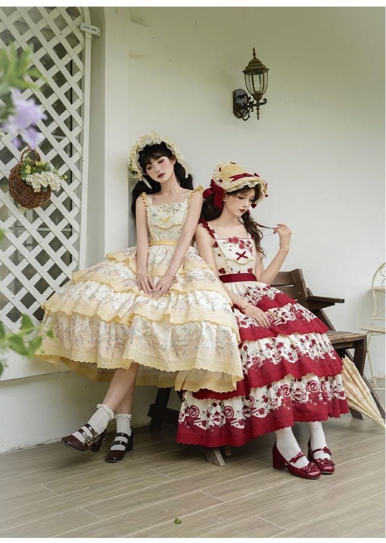 【朝花夕拾】田園プリント 刺繍四段振り jsk ロリータドレス 森ガール レッド 手紙と詩☆朝花夕拾】田園プリント刺繍四段振りjsk ロリータ