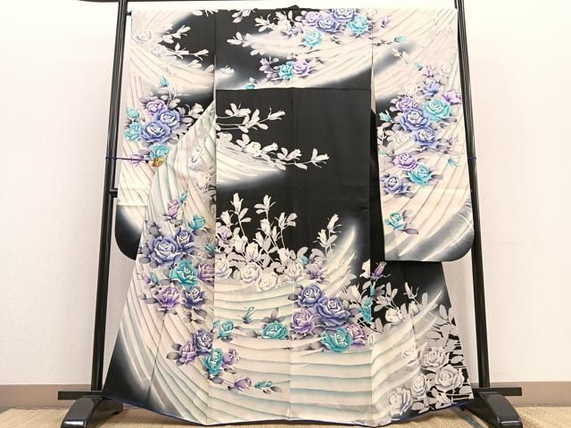 平和屋着物＃道中着 幾何学文様 黒地 洗える着物 BAAU0028gt