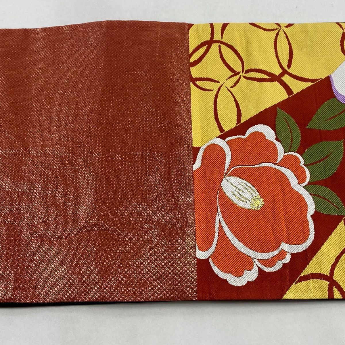 袋帯 美品 秀品 幾何学 難く 箔 赤茶 六通 正絹 【中古】