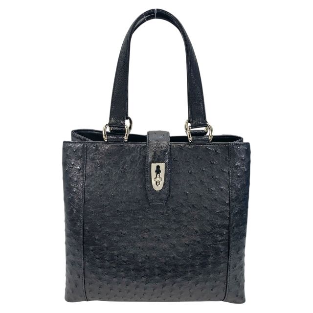 オーストリッチ トートバッグ ハンドバッグ ターンロック シルバー金具 ブラック 黒 レザー レディース 正規品 上質な素材感 洗練された印象 感あるデザイン