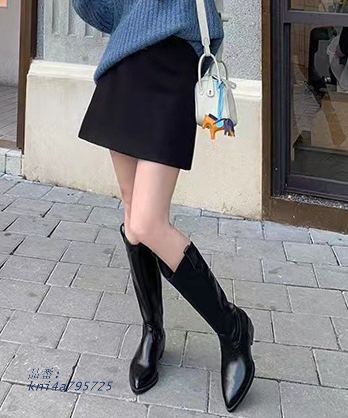 ブーツ レディース 秋 冬 ロング ポインテッド カジュアル インソール 韓国ファッション 高見え ウエスタン ポインテッドウエスタンインソールブーツ 配色 kni4a795725 KIN-KAAI_COM