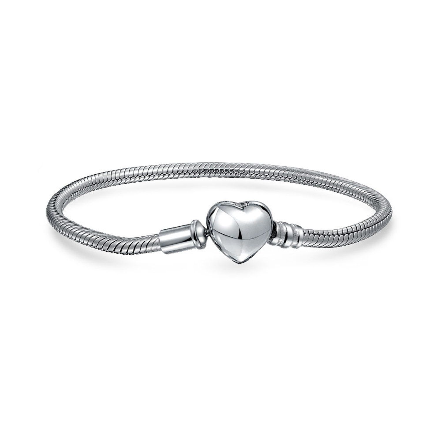 Jewelry 女性のティーン ハートのクラスプ適合ヨーロッパ ビーズ チャーム 925 スターリング シルバー Bling 7 インチ カスタム彫刻の頭文字アルファベット A-Z スターター スネーク チェーン ブレスレットをパーソナライズし