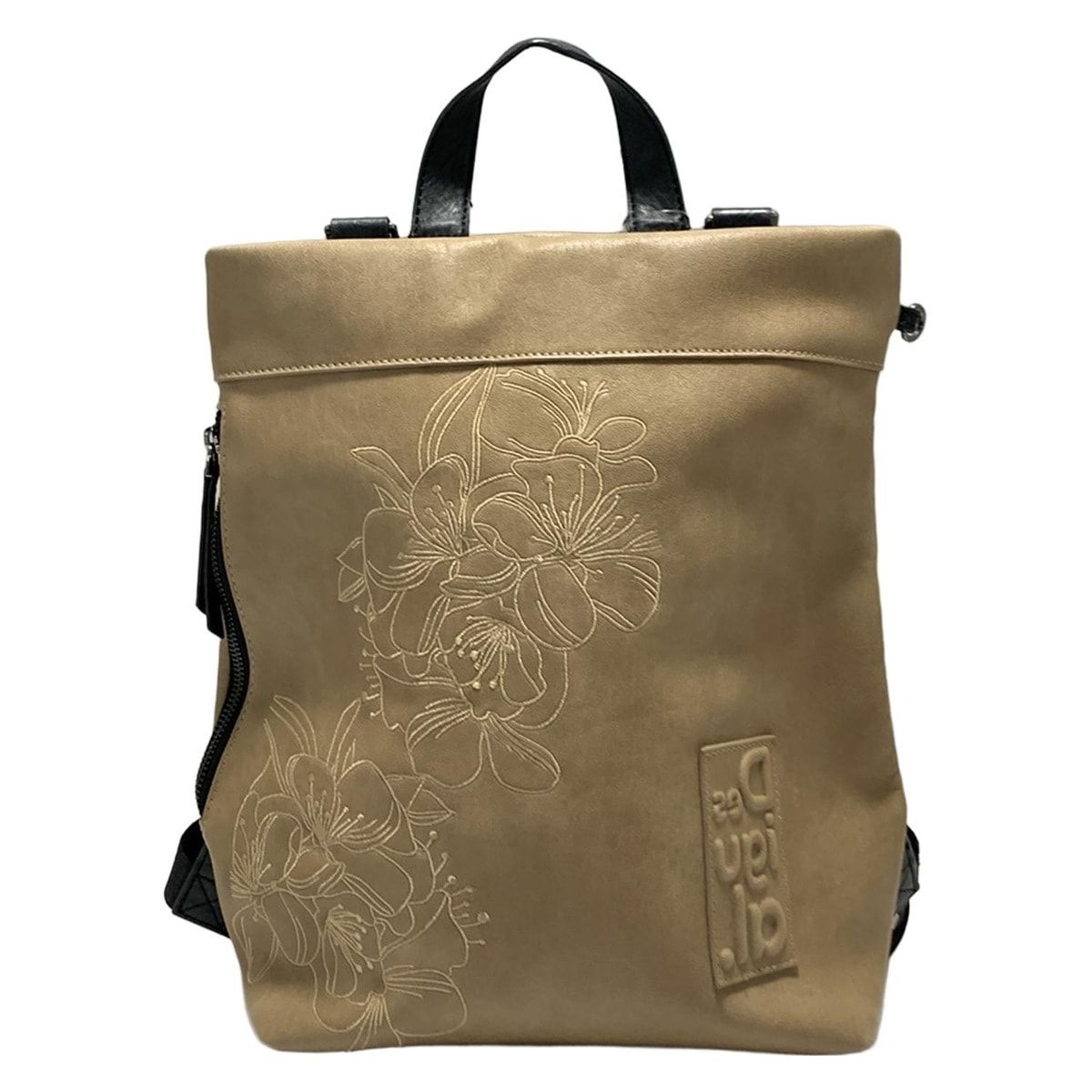 Desigual デシグアル リュックサック - ベージュ×黒×アイボリー 2way|刺繍|フラワー 花 |エンボスロゴ|編み込みハンドル