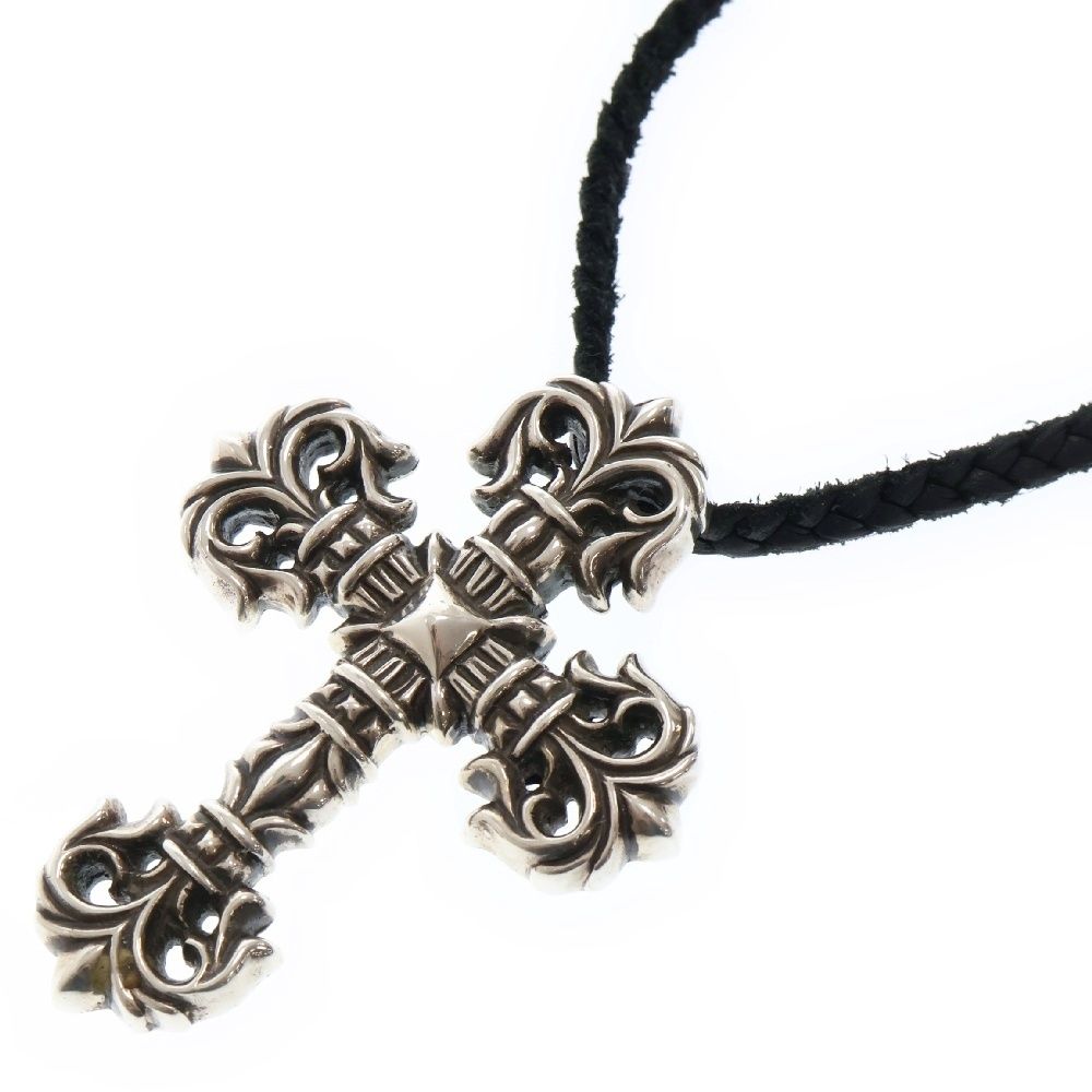 CHROME HEARTS クロムハーツ FILIG|CROSS S LB フィリグリークロス スモール レザーブレイドネックレス シルバー