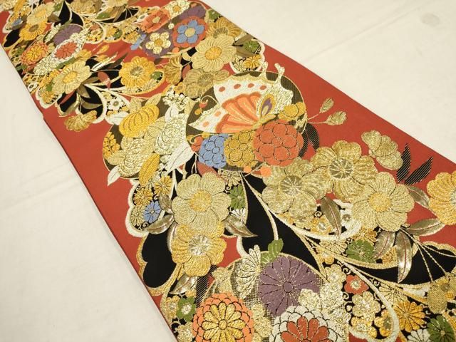 平和屋着物▽六通柄袋帯 唐織 花蝶丸文 金糸 正絹 逸品