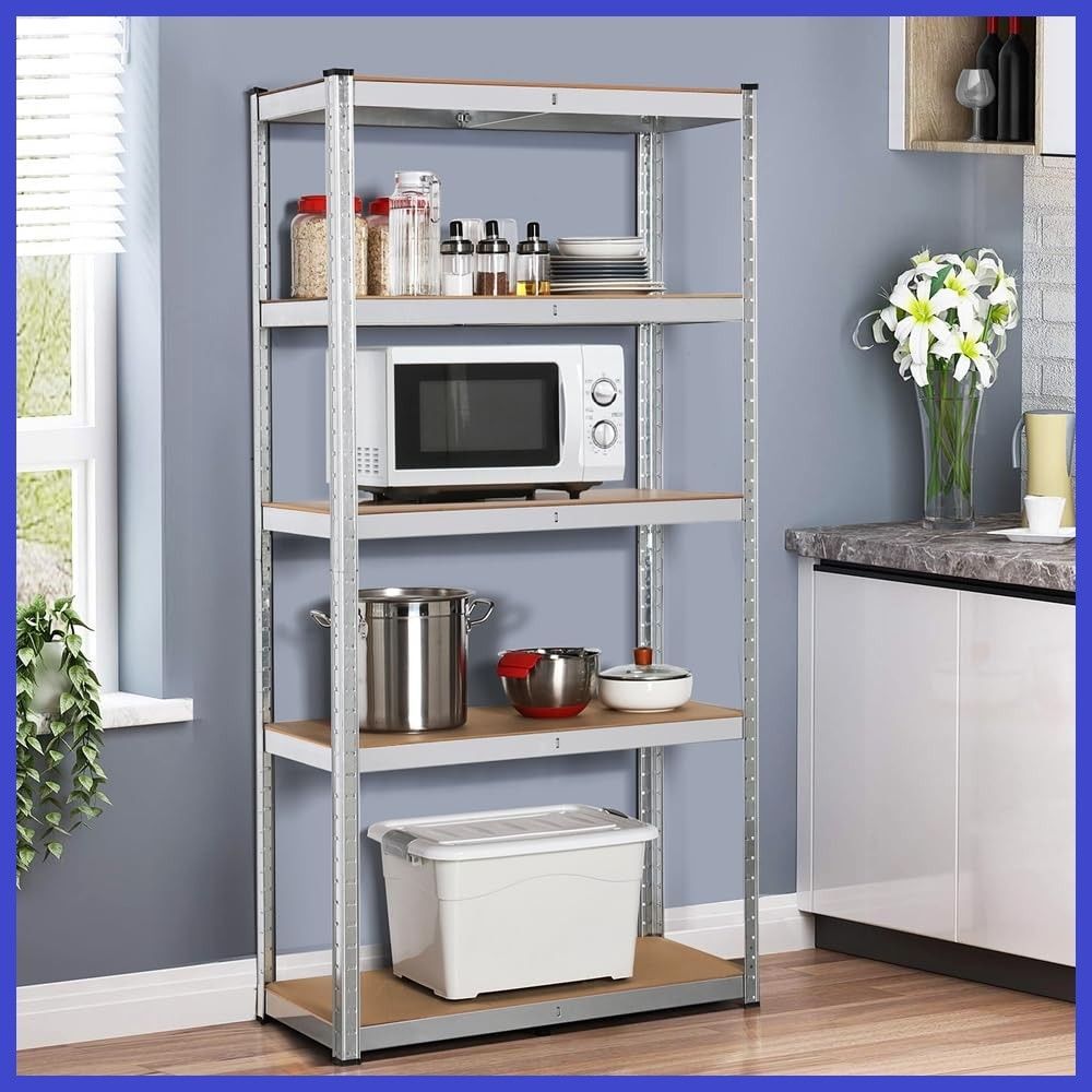 Yaheetech キッチンラック スチールラック本体 幅90 オープンシェルフ メタルラック 5段 収納棚 高さ調節可 ステンレスラック 収納ラック 防サビ加工 ネジなし 組立簡単 90×40×180cm 耐荷重875kg キッチン 物置 倉庫 ガレージ S