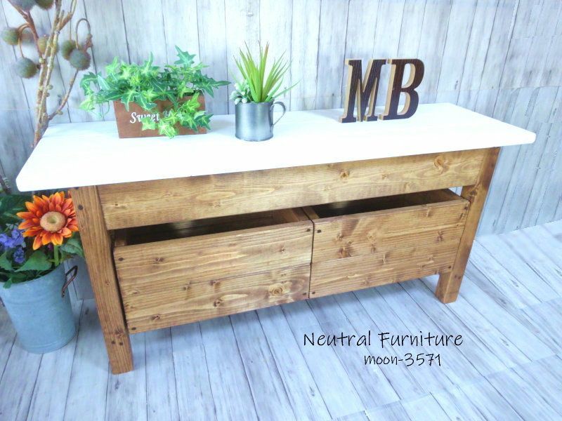 ハンドメイド 2人掛けベンチ 収納ボックス ホワイト✕チーク色